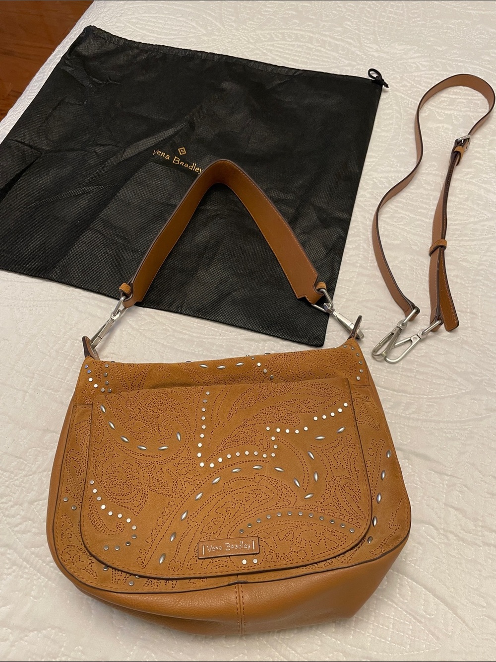 Vera Bradley CARSON Brown Leather Suede Studded Shoulder or Crossbody Bag - Picture 10 of 16